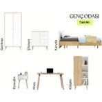 Genç Odası Takımı 6 Parça | Gardırop + Karyola + Şifonyer + Komodin + Çalışma Masası + Kitaplık | - Safir Meşe - Beyaz