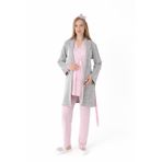 Genel Kadın Hamile/Lohusa Pijama Takımı, Jakarlı Çizgili, Sabahlık, Düğmeli, Emzirmeli, Uzun Kollu, 3'lü Set-Pregnant Clothing- 3442 (L)