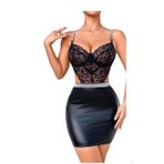 Genel Siyah Dantel Bodysuit ve Deri Görünümlü Mini Etek Takım, Gümüş Detaylı, Askılı, Fantazi Kumaş, S-M-L-XL, Dans Temalı