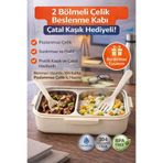 genel tr Krem Benmarili Paslanmaz Çelik Yemek Kabı 2 Bölmeli Beslenme Kabı Saklama Kabı