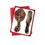 Genel Vintage Ayna ve Tarak Seti, Antik Bronz Metal, Renkli Taşlı Tavus Kuşu Desenli, 2 Parça, Hediye Kutusu Dahil