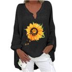 Generic I-286 Siyah Çiçek Kalp Sevgilisi Baskı Gevşek Fit Uzun Tee Tops V Boyun Keten Sonbahar Yaz Gömlek Tarz 2025 Y2K Kadın T-shirt