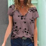 Generic O-342 Mor Kısa Kollu Tee Tops Vneck Mermer Çiçek Grafik Gevşek Fit Uzun Yaz Sonbahar Gömlek Tarz 2025 Kadın T-shirt