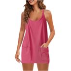 Generic O-371 Sıcak Pembe Gevşek Fit Vneck Kolsuz Spagetti Kayışı Mini Petite Plaj Hawaii Yaz Sonbahar Kadın Elbisesi