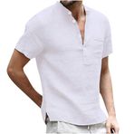 Generic O-792 Beyaz Sonbahar Yaz V Yaka Keten Düz Üst Gömlek Tarz 2025 Düzenli Fit Kısa Kollu Erkek T-shirt