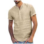Generic Q-491 Haki Sonbahar Yaz V Yaka Keten Düz Üst Gömlek Tarz 2025 Düzenli Fit Kısa Kollu Erkek T-shirt