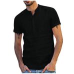 Generic Q-491 Siyah Sonbahar Yaz V Yaka Keten Düz Üst Gömlek Tarz 2025 Düzenli Fit Kısa Kollu Erkek T-shirt