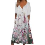 Generic R-73 Pembe Çiçek Tekne Vneck Boyun Kısa Kollu Maxi Uzun Plaj Hawaii Kadın Elbise