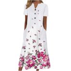 Generic S-967 Sıcak Pembe Çiçek Tekne Vneck Boyun Kısa Kollu Maxi Uzun Plaj Hawaii Kadın Elbise