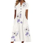 Generic W-882 Beyaz Çiçek Tekne Vneck Boyun Kısa Kollu Maxi Uzun Plaj Hawaii Kadın Elbise