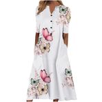 Generic X-958 Pembe Çiçek Tekne Vneck Boyun Kısa Kollu Maxi Uzun Plaj Hawaii Kadın Elbise