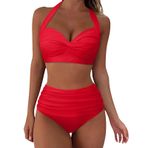 Generisch Dikini High Waist kadın seti, mayo, Push Up seksi yazlık mayo modası, iki parçalı bikini kadın karın kapalı mayo, plaj kıyafeti, Kırmızı, L