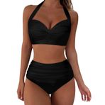 Generisch Dikini High Waist kadın seti, mayo, Push Up seksi yazlık mayo modası, iki parçalı bikini kadın karın kapalı mayo, plaj kıyafeti, Siyah, S