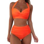 Generisch Dikini High Waist kadın seti, mayo, Push Up seksi yazlık mayo modası, iki parçalı bikini kadın karın kapalı mayo, plaj kıyafeti, Turuncu., XXL
