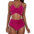 Generisch High Waist Dikini Set Kadın Seksi Push Up Mayo Mayo Yaz İki Parçalı Spor Bikini Kadın Göbek Kapalı Mayo Bikini Üstleri Plaj Kıyafeti, Şarap, L