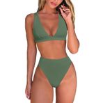 Generisch High Waist Push Up İki Parçalı Karın Açıcı Seksi Asker Yeşili Kadın Mayo