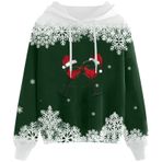 Generisch Noel Baskılı 2025 Kapüşonlu Zarif C-Yeşil Kadın Sweatshirt