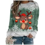 Generisch Noel Baskılı Yuvarlak Yaka Uzun Kol Şık 3-Yeşil Kadın Sweatshirt