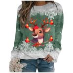 Generisch Noel Baskılı Yuvarlak Yaka Uzun Kol Şık Gündelik 5-Yeşil Kadın Sweatshirt