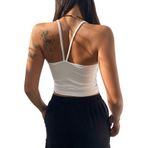 Geniş Yaka Askılı Beyaz Renk Fitilli Crop Top Bluz (Beyaz, M)