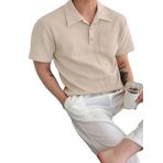 GENIUS STORE Erkek Oversize Polo Yaka Waffle T-Shirt (BEJ, XXL)
