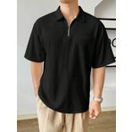 GENIUS STORE Erkek Oversize Polo Yaka Waffle T-Shirt FERMUARLI (SİYAH, M)