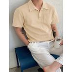 Genius Store Erkek Oversize Polo Yaka Waffle T-shirt Poloyaka-düğmeli Bej