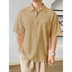 Genius Store Erkek Oversize Polo Yaka Waffle T-Shirt Poloyaka-Fermuarlı - Bej