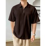 Genius Store Erkek Oversize Polo Yaka Waffle T-Shirt Poloyaka-Fermuarlı - Kahverengi
