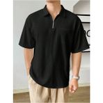 Genius Store Erkek Oversize Polo Yaka Waffle T-Shirt Poloyaka-Fermuarlı - Siyah