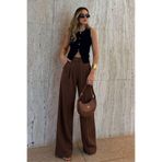GENIUS STORE Kadın Pantolon Yükesek Bel Pileli Geniş Paça Plazzo Kadın Kahverengi Pantolon
