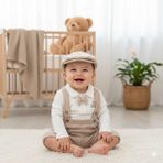 GENYBABY Erkek Bebek Salopet Takımı 3 Parça – Papyonlu Gömlek, Kadife Salopet Pantolon ve Şapka – Şık Bebek - 0 - 3 Ay - Bej