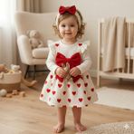 GENYBABY Kız Bebek Kalpli Elbise Kırmızı Fiyonk Detaylı Uzun Kollu Şık Bebek Elbisesi Seti - 3 - 6 Ay - Beyaz