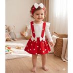 GENYBABY Kız Bebek Kalpli Elbise Takım Kırmızı Salopet Etekli Body Fiyonklu 3’lü Set - 9 - 12 Ay