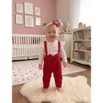 GENYBABY Kız Bebek Salopet Takım Kalpli Body Kırmızı Askılı Tulum Fiyonklu 3’lü Bebek Seti - 0 - 3 Ay