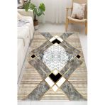 Geometrik Desenli Makinede Yıkanabilir Kaymaz Taban Oturma Odası Salon Halı Koridor Halı 200 X 300 Cm Altın