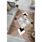 Geometrik Desenli Makinede Yıkanabilir Kaymaz Taban Oturma Odası Salon Halı Koridor Halı 80 X 140 Cm Bej