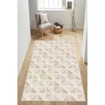 Geometrik Desenli Modern Baskılı Kaymaz Yıkanabilir Salon Oturma Odası Mutfak Antre Halısı Yolluk 100 X 250 Cm Bej