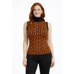 Geometrik Desenli Yarım Balıkçı Kolsuz Triko Süveter - Standart - Turuncu