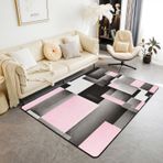 Geometrik Oturma Odası Halı 150x200 cm Pembe Gri Siyah Manda Kareli Vurgu Halı - Kaymaz Çizgili Çizgili Geometri Tasarımlı Modern Soyut İç Mekan Zemin Paspası
