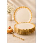 Gerçek Altın Yaldızlı 6 Adet 21 cm Dalgalı Pasta Tabağı Tatlı Sunum Seti Sudedi Home - Krem - Altın