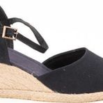Gerçek Elişi Topuğu Açık Bilekten Bantlı 5cm Dolgu Topuk Siyah Keten Hasır Espadril Handmade