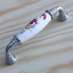 Gerçek Porselen Kulp Çiçek Desen 96 mm Mobilya Mutfak Kulplar Dolabı Çekmece Dolap Kapak Kulpu Beyaz