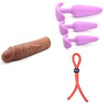 Gerçekçi Penis Kılıf Uzatıcı 18,4 cm + Silikon Üçlü Anal Tıkaç Seti Mor + Penis Halkası Kement Stili