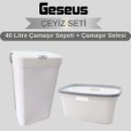 Geseus Motek Tekli 40 Lt Kirli Çamaşır Sepeti+Çamaşır Selesi Ikili Set, Çeyiz Seti Gümüş+Beyaz - Gri