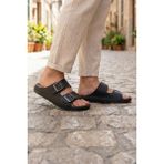 Gezer Naturela Comfort Erkek Yazlık Suni Deri Çift Toka Ayarlanabilir Rahat Taban Günlük Terlik Siyah