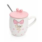 GFTPNT Porselen Kupa Bardak Mug Hediyelik Ürün Tekli Metal Kaşıklı Kapaklı Beyaz Pembe