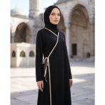 Gg Glow Kadın Yandan Bağlamalı Kruvaze Yaka Düz Namaz Elbisesi Uzun Kol Rahat Kalıp - 34 - 36 - Siyah - Vizon
