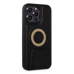 GGM GİYİM & AKSESUAR iPhone 14 Pro İçin MagSafe ile uyumlu Arkası Deri Görünümlü, Yapıya Sahip Kamera Çerçeveli Ultra Güçlendirilmiş Özellikli Açılır Stantlı Darbeye Dayanıklı Kılıf (Siyah)