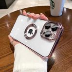 GGM GİYİM & AKSESUAR iPhone 15 Pro Max ile Uyumlu Laser Şeffaf Parlak Arka Yüzey Ve Logo Detaylı Kenarları Silikon Yapıya Sahip Lens Koruyuculu Kılıf (Pembe)